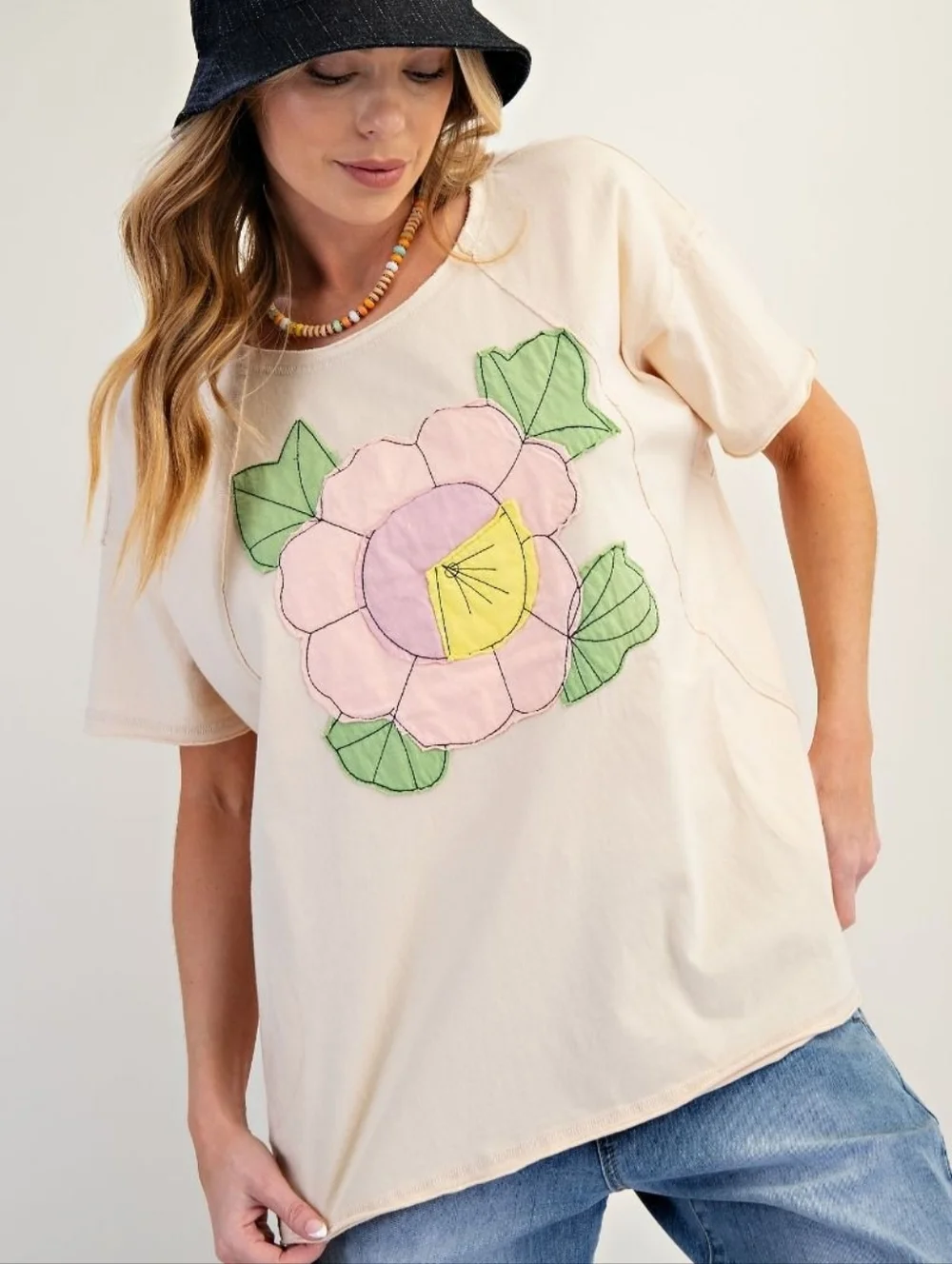 2-0411 EASEL flower Patch Cotton Mineral Washed Soft Top With Pockets Boutique - Picture 1 of 7
